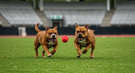 Energetic american bulldogs chasing red tennis ball across vibrant green sports field