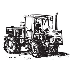 Naklejka premium Vintage sketch of front-facing farm tractor in monochrome hand-drawn style