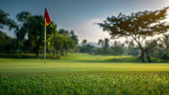 Scenic golf course with red flag on green, perfect for luxury travel, sports, and leisure projects
