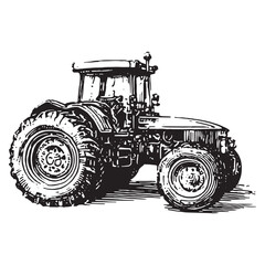 Obraz premium Monochrome sketch of large farm tractor in vintage hand-drawn style
