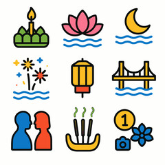 Fototapeta premium Loy Krathong graphics float festival water icons set design