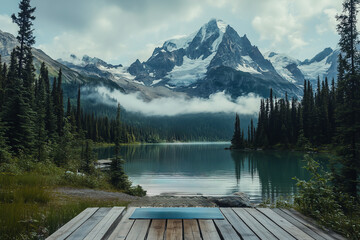 A beautiful spot for yoga practice on a wooden platform next to a serene mountain lake, morning mist, deep meditation, soft natural lighting, and cinematic depth of field.