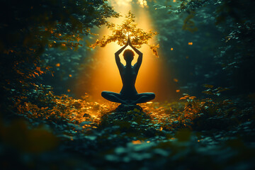 A woman in a yoga pose in a magically colorful forest. Cinematic lighting. A beam of light falls on the woman. A peaceful atmosphere.