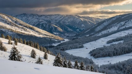 Fototapeta premium Winter Wonderland: Snowy Mountains and Valley View