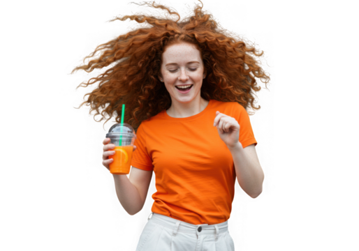 Joyful woman with red hair and orange drink on transparent  background