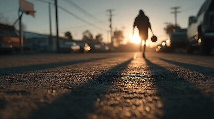 Lone basketball player dribbles down street at golden hour, casting long shadows, inspiring determination and urban dreams.