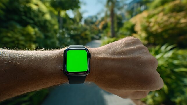 Man's hand wearing modern smartwatch with vibrant green screen in lush outdoor setting