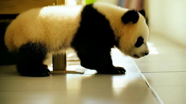 Playful panda cub exploring a sunlit tiled floor indoors.
