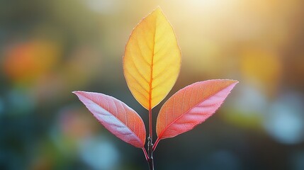 Obraz premium Three leaves in autumn colors against a blurred background with sunlight.