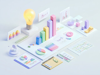 Creative idea and business development concept with financial report, bar charts, and a light bulb.