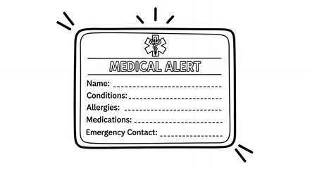 Medical Alert Card in Black and White with Space for Personal Information Including Name Date of Birth Allergies Medications and Emergency Contact