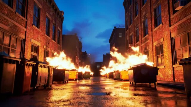 Burning Dumpsters On Wet City Street at Night Under Dark Blue Sky With Brick Buildings