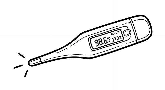 Monochrome Digital Thermometer Displaying 98 Point 6 Degrees Fahrenheit Medical Device Illustration Isolated on White Background