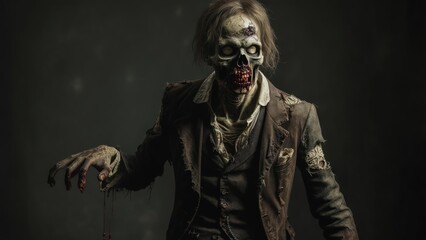 Macabre Portrait of a Skeletal Zombie in Tattered Victorian Attire