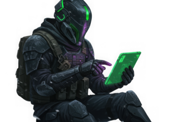 Futuristic soldier interacting with a glowing green digital tablet on transparent background 