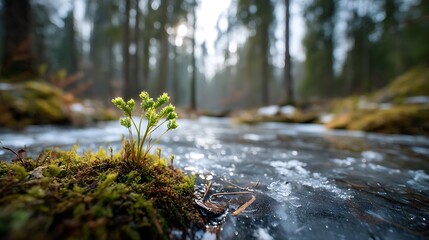 Fototapeta premium Vibrant green sprout pushes through mossy ground beside glistening ice and frosted forest backdrop
