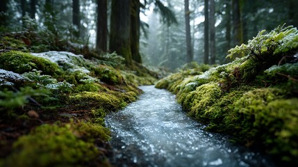 Obraz premium Serene winter forest stream with lush moss and delicate frost, creating a tranquil natural wonderland scene.