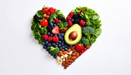 Fresh fruits and vegetables arranged in heart shape symbolize love for healthy eating. This vibrant display includes berries, greens, nuts, and avocado, promoting nutritious lifestyle