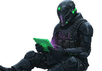 Futuristic soldier in armor uses a glowing green tablet on transparent background 