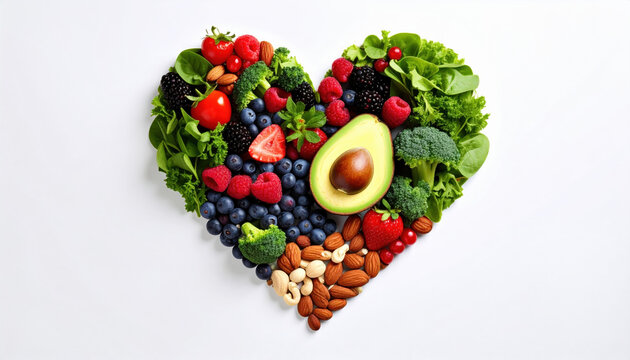 Fresh fruits and vegetables arranged in heart shape symbolize love for healthy eating. This vibrant display includes berries, greens, nuts, and avocado, promoting nutritious lifestyle - Powered by Adobe