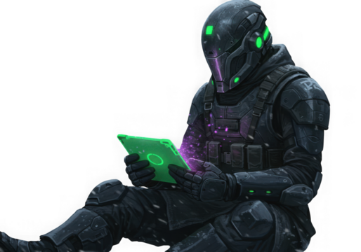 Futuristic soldier in armor uses a glowing green tablet on transparent background  - Powered by Adobe