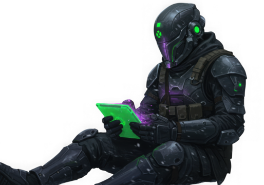 Futuristic soldier in tactical gear interacting with a glowing green device