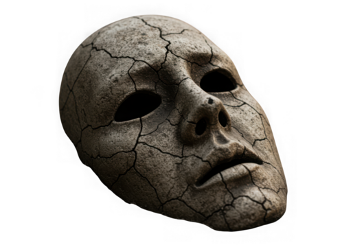 Cracked ancient stone mask with empty eyes on  transparent background