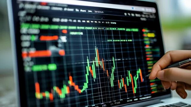 Close-up of a person analyzing stock market charts on a laptop screen with fluctuating price graphs.