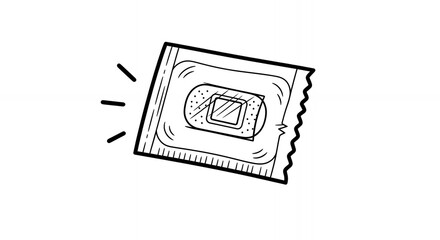 Monochrome Illustration of Small Sealed Rectangular Package with a Layered Design in the Center on White Background