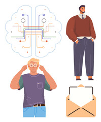 Neural network visualized with abstract connections, man in purple shirt adjusting glasses, formal man standing, open envelope. Ideal for brainstorming, creativity, innovation, teamwork