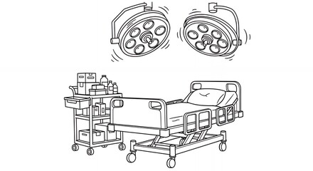 Obraz premium Monochrome Line Art Illustration of Hospital Bed with IV Stand Surgical Lights in Clinical Setting