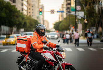 Envío de paquetes o comida a través de repartidor en motocicleta. Fotografía de paisaje urbano con desenfoque. Trabajo y estilo de vida. Generated image.