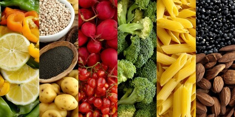 Colorful assortment of fresh vegetables, grains, and nuts arranged