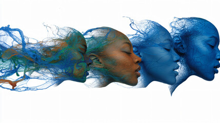 Abstract Art Female Face Illustration, Modern Blue Silhouette, Vibrant Multicolor Emotion, Smooth Fluid Hair, Stunning Beauty Profile, Creative Identity, Diverse 