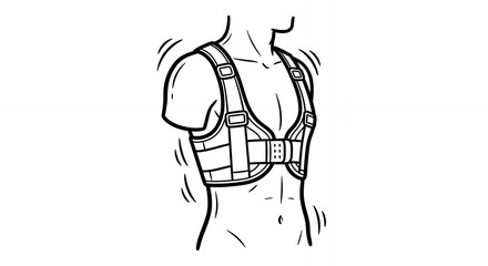 Fototapeta premium Monochrome Line Drawing of Torso Wearing Chest Harness with Straps and Buckles on Clean White Background Depicting Medical Support Equipment
