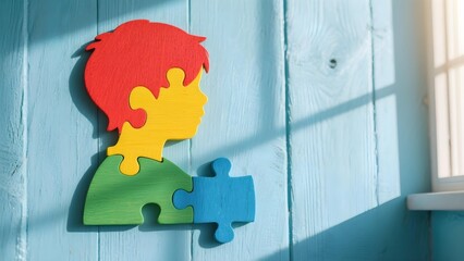 Wooden puzzle head silhouette autism ADHD neurodiversity awareness concept