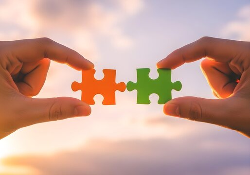 Two puzzle pieces connecting at sunset autism ADHD neurodiversity awareness inclusion concept