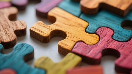 Close up of colorful wooden puzzle pieces autism ADHD neurodiversity inclusion awareness