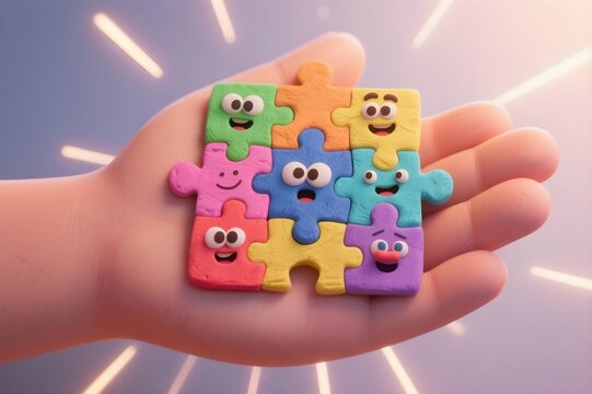 Clay puzzle pieces with faces in hand autism ADHD neurodiversity awareness inclusion concept
