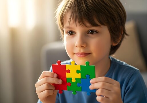 Child holding colorful puzzle pieces autism ADHD neurodiversity awareness inclusion concept - Powered by Adobe
