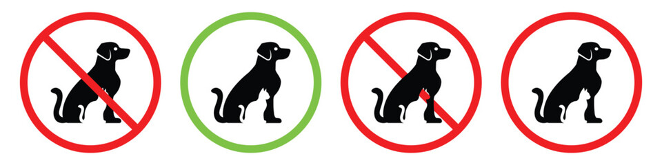 No Pets or Dogs Allowed Warning Sign, Red Prohibition Symbol Vector Illustration.