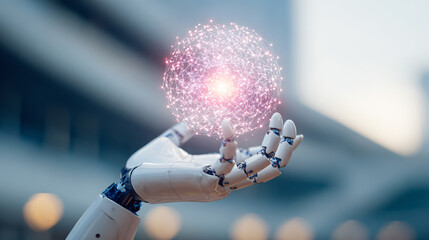 Robot Technology Artificial Intelligence Hand Magic Sparkle Realism Digital Creation Light Power Innovation Energy Concept Science Abstract Fantasy Virtual Design Fingers Hologram Mechanical Progress