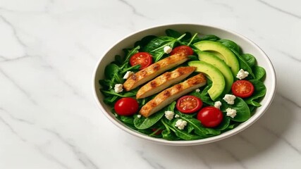 Gourmet grilled chicken and avocado salad with fresh vegetables in a white bowl, top-down view on a marble background. - Powered by Adobe