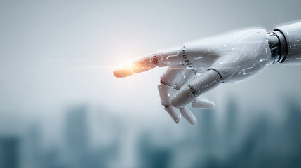 Futuristic Robot Hand Digital Gesture Innovation Technology Cybernetic Interaction Pointing Symbolic Network Lighting Virtual Reality Precision Metallic Sensory Motion Smart Modern Progression
