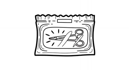 Scissors in Clear Plastic Bag Black and White Line Drawing Jagged Edges Top Rectangular Cutout Medical Illustration Isolated on White Background