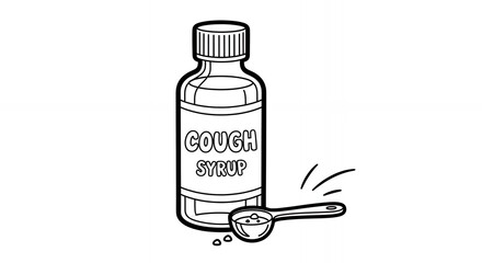 Simple Black and White Illustration of Cough Syrup Bottle with Spoon Depicting Medical Treatment on White Background
