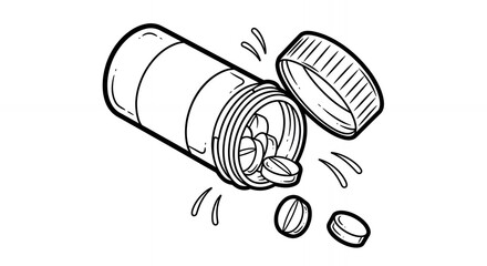 Simple Line Art Illustration of Spilled Pills from an Open Bottle Black and White Vector Graphic