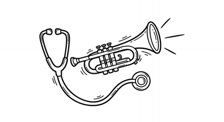 Stethoscope Wrapped Around a Trumpet in Black and White Line Art Depicting a Concept of Healthcare and Music Instrument with Simple and Creative Design