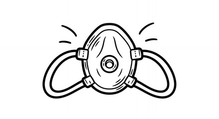 Stylized Black and White Illustration of a Respiratory Mask with Rounded Tubes Connecting to a Central Facepiece on a Clean White Background
