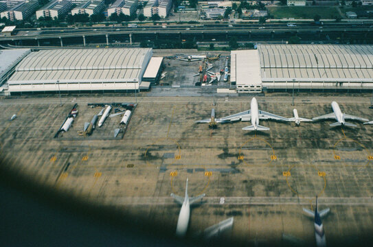 35mm film aircraft parking bay and maintenance facility aerial view